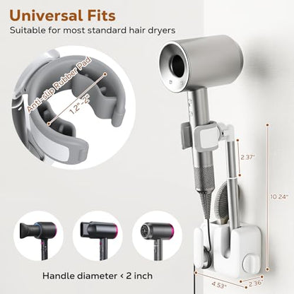 MoKo Hair Dryer Holder Wall Mount, Anti-Sag Adjustable Blow Dryer Stand | Anti-sag knob lock, 360° rotation, Height adjustable, Storage slot and cable management, No drill installation needed.