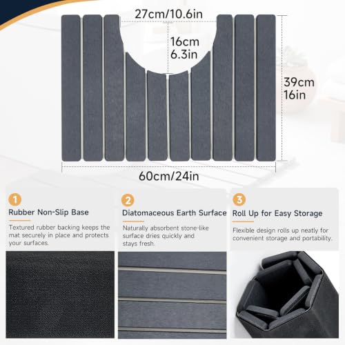 Foldable Diatomite Stone Toilet Rug U-Shaped, 24"×15" Diatomite Bath Mat Toilet with Non-Slip Rubber Base Super Absorbent Fast Drying U Shaped Toilets Mat for Bathroom Home Dark Grey