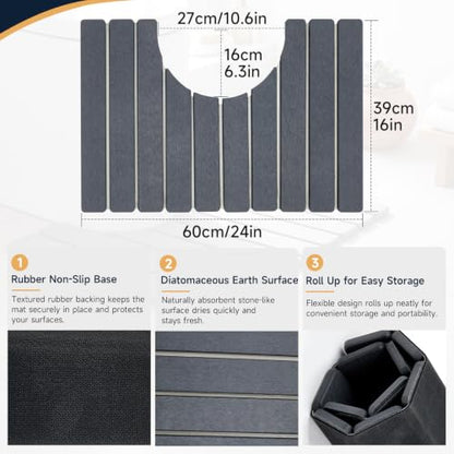 Foldable Diatomite Stone Toilet Rug U-Shaped, 24"×15" Diatomite Bath Mat Toilet with Non-Slip Rubber Base Super Absorbent Fast Drying U Shaped Toilets Mat for Bathroom Home Dark Grey