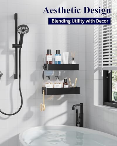 Kitsure Shower Caddy Adhesive, Stylish Shower Organizer, Large, Black | 2 Pack Shower Shelf for Inside Shower, 100% Rustproof Metal Shelves, No-Drill Bathroom Organizers and Storage