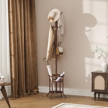 Coat Rack Freestanding, Metal Coat Rack with Umbrella Holder | 12 Hooks, Round Base, Heavy Duty Floor Standing Coat Tree for Entryway, Hallway, Living Room, Bedroom, Office, Brown