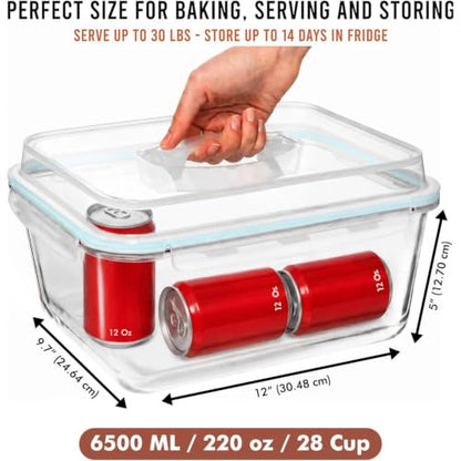 6500 ML / 220 oz / 28 Cup LARGE Glass Food Storage Container with Airtight Locking Lid. Ideal Storing food, Vegetables, Fruits. Baking Casserole, Lasagna, Roasting Turkey, Chicken BPA Free Oven Safe