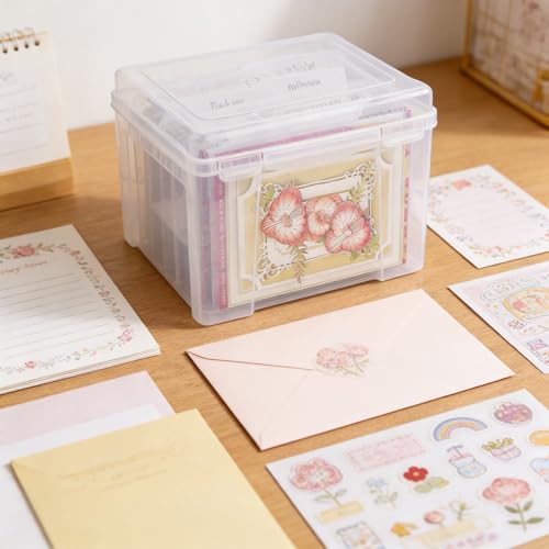 Greeting Card Storage & Organizer Box with 6 Removable Dividers for Holiday Birthday Get Well Cards Photos, Crafts, Scrapbooking(Clear)