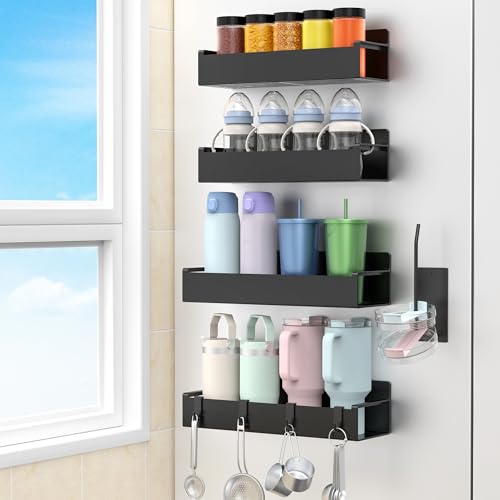 Magnetic Water Bottle Holder for Fridge Black, 4 Pack | Tumbler Organizer with Hooks, Cup Holder Organizer Storage, Refrigerator Shelf for Stanley, Owala