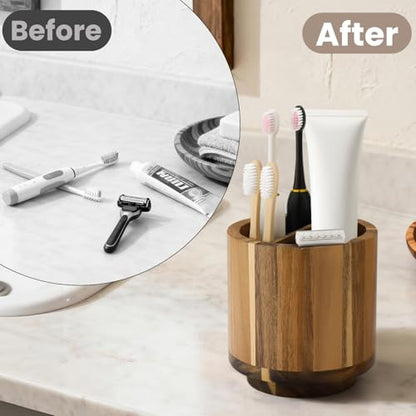 Toothbrush Holder for Bathrooms Toothpaste Organizer, Acacia Wood | Four Drainage Holes,Removable Divider,360° Rotating Base,Space-Saving,Farmhouse Style,for Bathroom Countertop,Shower,Vanity