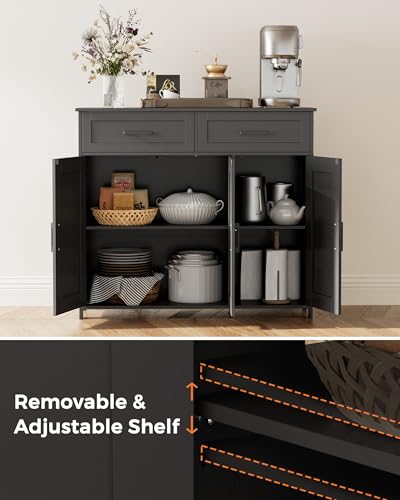 Coffee Bar Storage Cabinet with Drawers, Kitchen Buffet Cabinet | Sideboard Cabinet with Doors, Farmhouse Buffet Cabinet, Adjustable Shelves, for Kitchen / Dining / Living Room, Black