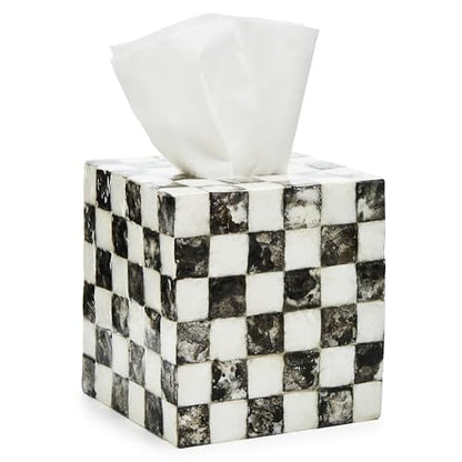 MACKENZIE-CHILDS Boutique Tissue-Box Cover, Black-and-White Courtly Check | Handcrafted design, made from capiz seashell, tissue holder for home decor, 5" square x 6" H
