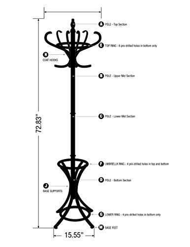 8000 Floor Standing Hat and Coat Rack with Umbrella Stand, Wood with brown Paint Finish