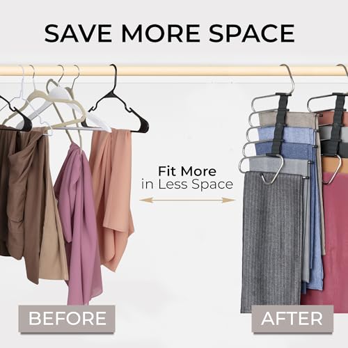 Pants Hangers Space Saving - 2 Pack - Non-Slip Multi-Layer Space Saving Hangers - Multifunctional Clothing Rack for Closet Storage - Ideal for Jeans, Trousers, Skirts, Scarves & Slacks (Black)