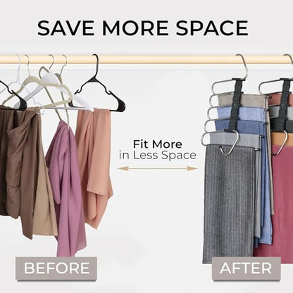 Pants Hangers Space Saving - 2 Pack - Non-Slip Multi-Layer Space Saving Hangers - Multifunctional Clothing Rack for Closet Storage - Ideal for Jeans, Trousers, Skirts, Scarves & Slacks (Black)