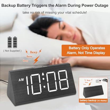 DreamSky Wooden Digital Alarm Clock for Bedroom Living Room, Large Numbers | Electric Desk Clock with USB Port, Loud Alarm for Heavy Sleepers, Adjustable Volume, Dimmer, DST, Wood Décor Gifts (Plug-in)