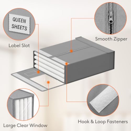 Lifewit 4 Pack Bed Sheet Organizer, Foldable Bedding Sheet Organizers and Storage with Large Clear Window and Label, Sheets Organizer for Linen Closet, Storage Box Bins with Lids for Duvet Cover Set