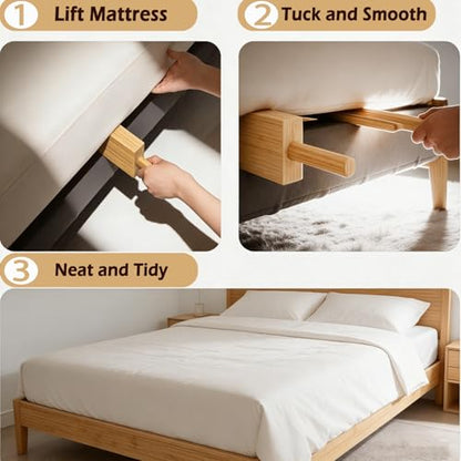 Mattress Lifter & Sheet Tucker Tool Set, Mattress Wedge Elevator, Bed Sheet Tucking Paddle, Used for Lifts & Holds The Mattress, Tucks Sheets, Removes Sheets, Alleviating Back Pain (Bamboo Wood)