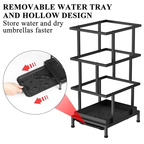 Alyoen Umbrella Holder for Entryway, Metal Umbrella Stand with Water Tray and Cane Holder, Adjustable Feet, 10.4 x 8.4 x 18.7 in, Suitable for Home, Office, and Shopping Mall (Black)