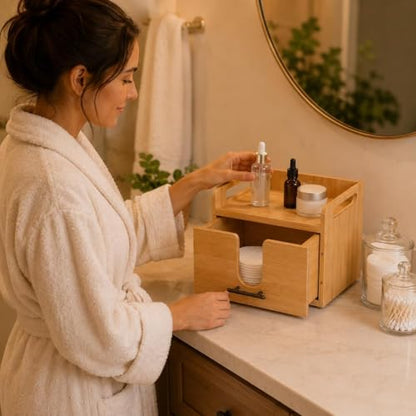 Vespara Bamboo Disposable Face Towel Holder with Drawer 2 Glass Jars, Facial Towel Holder for Vanity Organizer, Skincare Organizer for Clean Skin Club Face Towels Dry Wipes Cleansing Bathroom Counter
