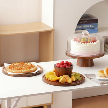 Acacia Wood Cake Stand with Glass Lid–12" Magnetic Base for Parties&Kitchen