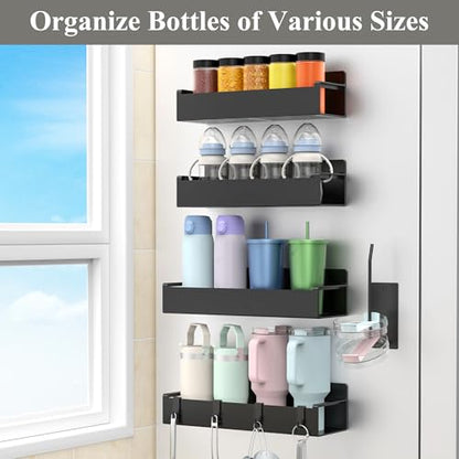 Magnetic Water Bottle Holder for Fridge Black, 4 Pack | Tumbler Organizer with Hooks, Cup Holder Organizer Storage, Refrigerator Shelf for Stanley, Owala