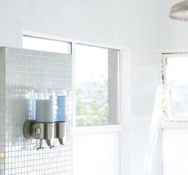 simplehuman Triple Wall Mount Pumps, Hotel-Grade Refillable 3-Chamber Shampoo Conditioner Body Wash Shower Dispenser, T-Bar Lever, No-Drill Install, for Bathrooms, Hotels, and Airbnbs, Stainless Steel