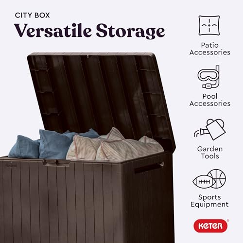 Keter City 30 Gallon Resin Outdoor Storage Box and Patio Furniture Side Table for Pool and Garden Accessories, Brown | Brown, Resin, Compact, Weatherproof, Lockable, Easy Assembly, Organization, Pool Accessories Storage