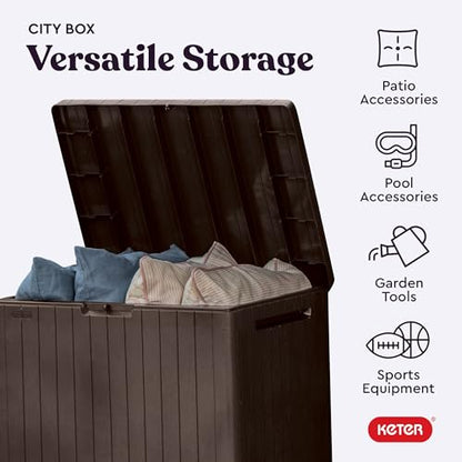 Keter City 30 Gallon Resin Outdoor Storage Box and Patio Furniture Side Table for Pool and Garden Accessories, Brown | Brown, Resin, Compact, Weatherproof, Lockable, Easy Assembly, Organization, Pool Accessories Storage