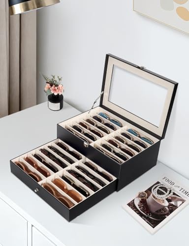 Sunglasses Storage Organizer Case with 24 Adjustable Slots, 2 Layer Multi Eyeglass Glasses Display Box with Lid Women