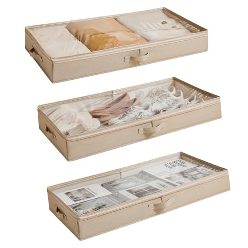 Berdeng 3 Pack Under Bed Storage Containers, Low Profile Underbed Shoes and Clothes Storage Organizer with Sturdy Sidewalls/Bottom, Large Dorm Storage Bins,33 * 17 * 4.5 inches,45L