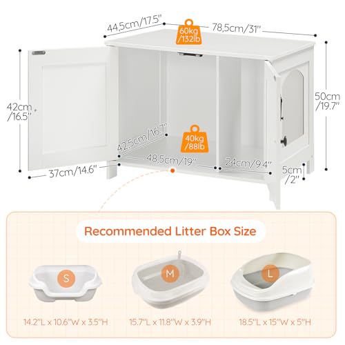 HOOBRO Litter Box Enclosure, Cat Litter Box Furniture with Removable Divider, Large Hidden Litter Box Furniture, Wooden Cat House, End Side Table, 31" L x 17.5" W x 19.7" H, White WT03MW01G2