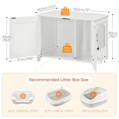HOOBRO Litter Box Enclosure, Cat Litter Box Furniture with Removable Divider, Large Hidden Litter Box Furniture, Wooden Cat House, End Side Table, 31" L x 17.5" W x 19.7" H, White WT03MW01G2