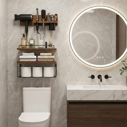 3-Tier Bathroom Floating Shelves with Curling Iron Holder & Hair Tool Organizer, Wall Mounted Rustic Wood Storage Rack Over Toilet with Hair Dryer Holder for Bathroom Decor & Organization