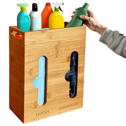 Under Sink Organizer for Kitchen Cabinet - Bamboo Trash Bag Dispenser & Bag Holder – Pantry Organizer & Garbage Roll Holder for Cleaning Supplies, Apartment Essentials & Home Organization