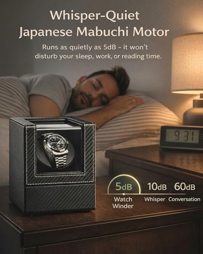 Watch Winder for Automatic Watches: Single Watch Winder Box | Rotating Watch Case with Quiet Japanese Motor - Storage Display Box for Men (Black Carbon Fiber)
