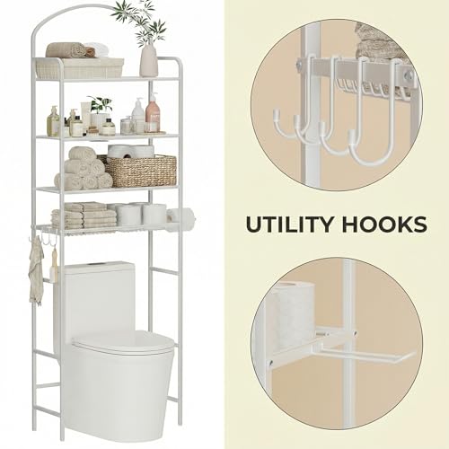 4-Tier Over The Toilet Storage, Bathroom Organizer | Space-Saving, 72"H Above Toilet Storage Rack with 4 Hooks and Paper Holder, Metal Shelf, White