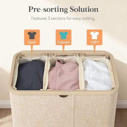 Lifewit 185L 3 Section Laundry Hamper with Lid, Large Laundry Basket with Handles and Removable Bags, Tall Clothes Hamper, Foldable Laundry Sorter for Bedroom Bathroom, Beige