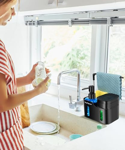 Hand Soap and Dish Soap Dispenser Set for Kitchen, Dual Soap Dispenser with Sponge Holder and Dishcloth Holder 4-in-1 Organizer for Kitchen Sink Countertop, Useful Kitchen Gadgets (Black)