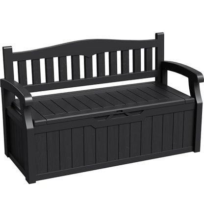 Greesum 80 Gallon Storage Bench Outdoor Deck Box with Armrest, Black | Patio Furniture,Lockable, Waterproof and UV Resistant, Suitable for Garden, Pool