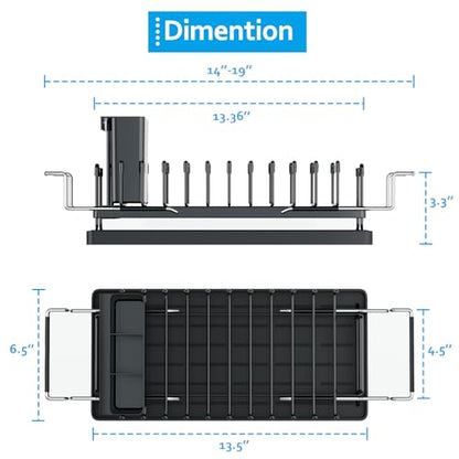 Sink Dish Drying Rack - Expandable Small Dish Rack Over Sinks with Silicone Drying Tray, Dish Drainer for Kitchen Counter with Cutlery Holder, Drying Rack Fit for 14’’-19’’ Kitchen Sink