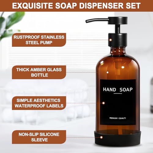 Hand Soap Dispenser for Bathroom 2 Pack, Amber Glass Soap Dispenser with Stainless Steel Pump, 16.9 Fl oz Hand and Dish Soap Dispensers Set Kitchen, Modern Brown Soap Lotion Dispensers Bottle