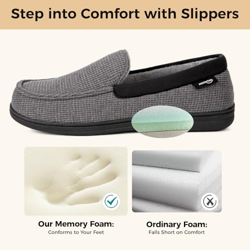 HomeTop Men's Knit Moccasin Slippers Memory Foam House Shoes Indoor Outdoor | Breathable,Indoor,Outdoor,Fleece Lining,Machine-washable,Non-slip