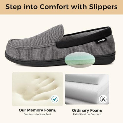 HomeTop Men's Knit Moccasin Slippers Memory Foam House Shoes Indoor Outdoor | Breathable,Indoor,Outdoor,Fleece Lining,Machine-washable,Non-slip
