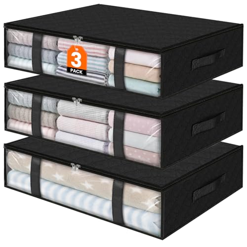 StorageRight Under Bed Storage Bins, 3-Pack 40L Foldable Fabric Storage Bags with Transparent Window, Breathable Organizer for Clothes/Blanket/Comforter/Quiltr, Black
