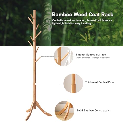 kiplant Coat Rack Freestanding, Bamboo Wood Coat Stand with 8 Hooks,3 Adjustable Size,Easy Assembly NO Tools Required, Coat Tree Hanger Stand for CoatsScarves in Hallway