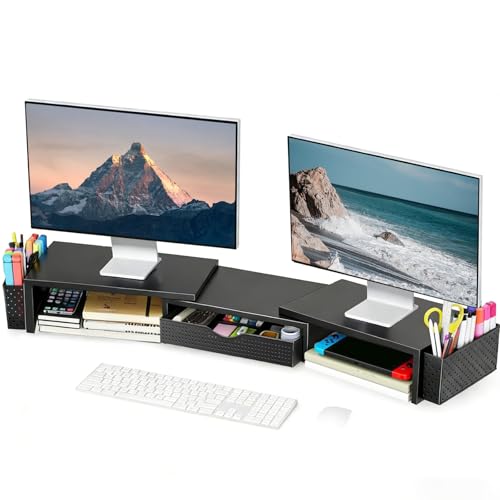 Spacrea Dual Monitor Stand Riser with Drawer and 2 Pen Holders | Monitor Riser Desk Organizers and Accessories,Desk Accessories & Workspace Desktop Organizers for Office Supplies (Black)