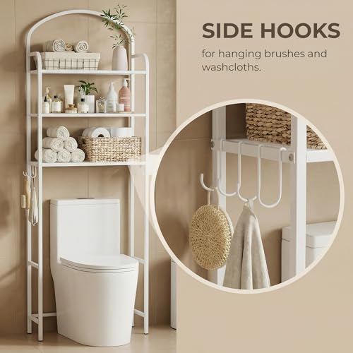 3 Tier Over The Toilet Storage Rack, Bathroom Organizer | Toilet Storage with 4 Hooks & Paper Holder, Space-Saving, Freestanding Bathroom Shelf, Metal, White