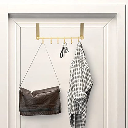 Over The Door Hooks Door Hanger, Moving 6-Hooks Over Door Coat Rack for Hanging, Aluminum Heavy Duty Door Organizer for Towel Robe Hat Bag, Behind Back of Door Bathroom (Gold)