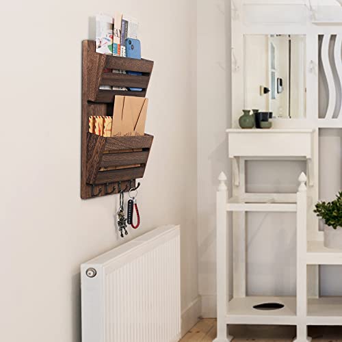 MOOACE Mail Organizer Wall Mount, Wood Mail and Key Holder with Hooks | 2-Slot Mail Sorter Organizer, Office File Organizer Letter Folder for Home Farmhouse Entryway Wall Decor