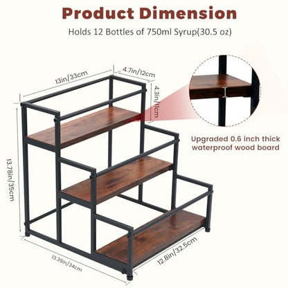 Coffee Syrup Rack Organizer, 3-Tier | Metal Bottle Holder, Holds 12 Bottles, Rustic Countertop Display Shelf, For Coffee Bar, Kitchen Cabinet, Pantry