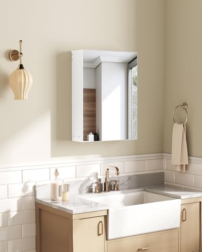 Bathroom Medicine Mirror Cabinet, 17.7'' x 23.6'', Wall-Mounted Bathroom Vanity with Mirror, Bathroom Medicine Cabinet with Storage Function, Hanging Storage Cabinet, Adjustable Shelves, White