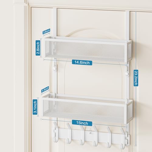 Over the Door Hooks Organizer,Door Hanger Fits Doors 1 3/4" White | 12 Coat Hooks and 2 Mesh Basket,Space-Saving,Back Storage Organizer,Over The Door Towel Rack,for Bathroom,Bedroom,Kitchen