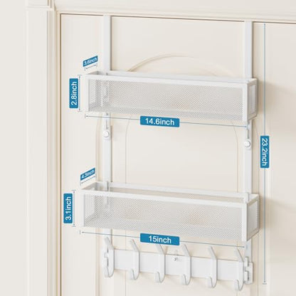 Over the Door Hooks Organizer,Door Hanger Fits Doors 1 3/4" White | 12 Coat Hooks and 2 Mesh Basket,Space-Saving,Back Storage Organizer,Over The Door Towel Rack,for Bathroom,Bedroom,Kitchen