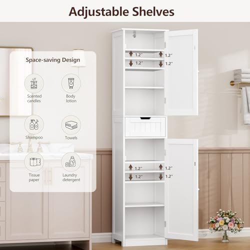 Iwell 67" Tall Bathroom Cabinet, Storage Cabinet with 2 Doors & 1 Drawer, Bathroom Storage Cabinets with Adjustable Shelves, for Living Room, Entryway, Home Office, White